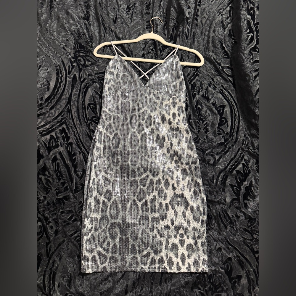 Main Strip Silver and Black Sequin Animal Print Slip Dress